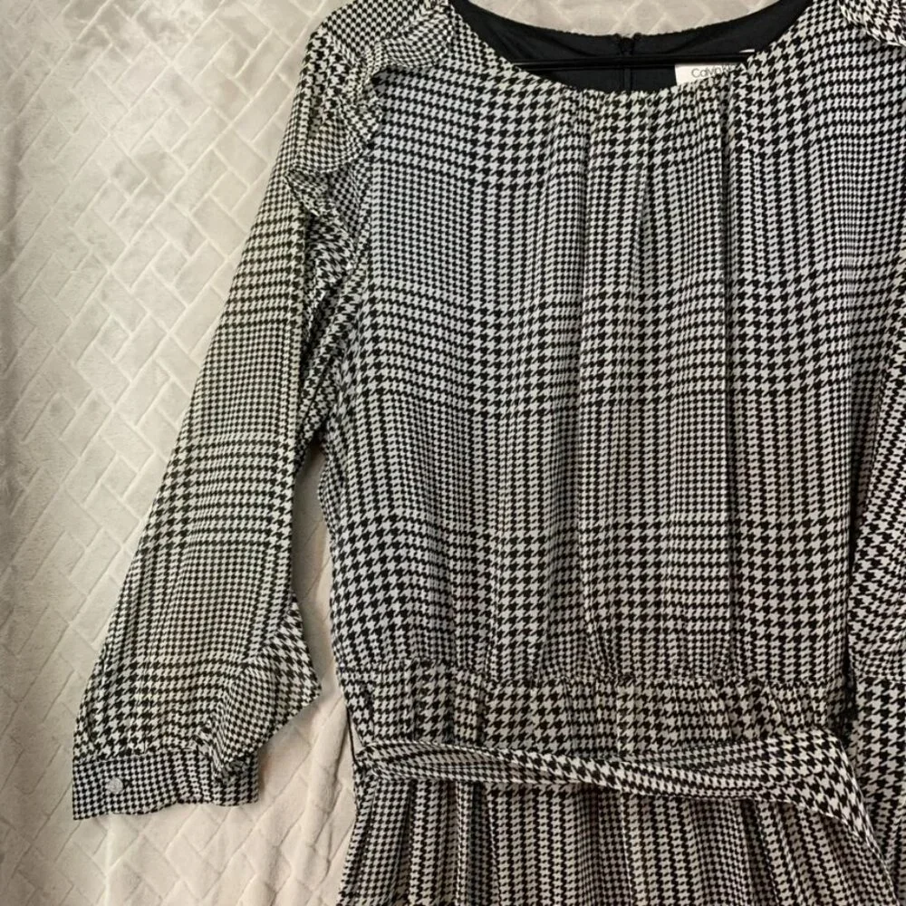 Calvin Klein Womens M Mini Dress Black White Houndstooth Long Sleeve with Belt - Picture 3 of 16